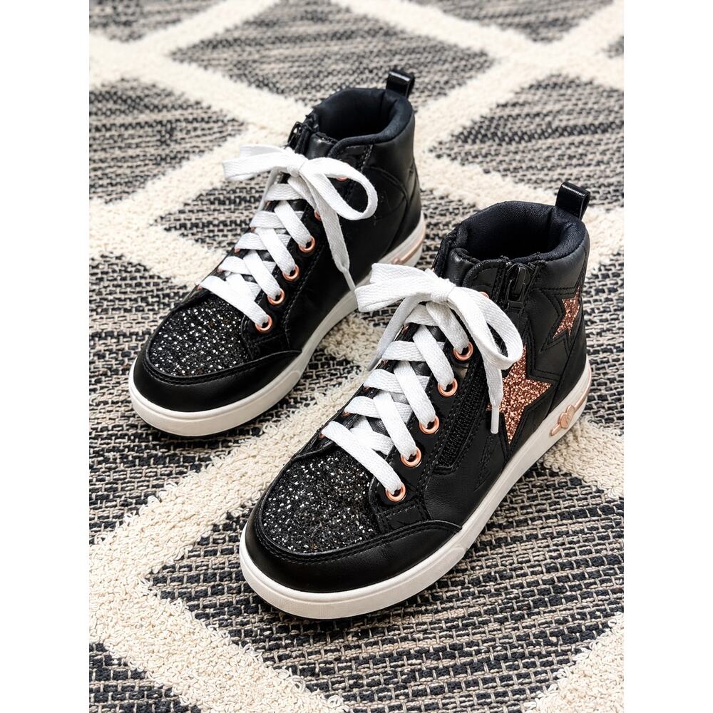 Skechers Kids Black Glitter High-Top Sneakers with Rose Gold Accent size 1